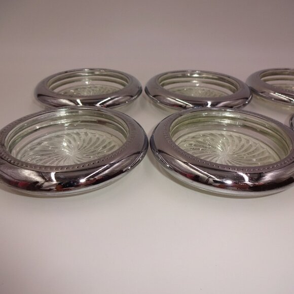 Set of 6 Vintage Park Sherman Clear Glass & Silverplate Swirl Pinwheel Coasters - Picture 5 of 9
